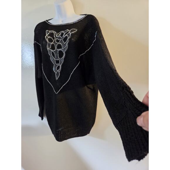 Nannell Sweater Black Tunic Womens M Embellished Rhinestones Rayon Wool Blend - Picture 4 of 9